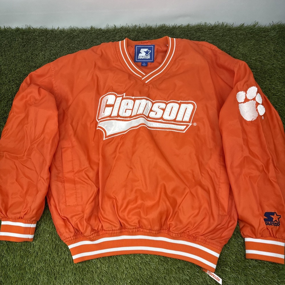 Vintage Starter Clemson Tigers Pullover VNeck Jacket L PU Coated Orange 90's